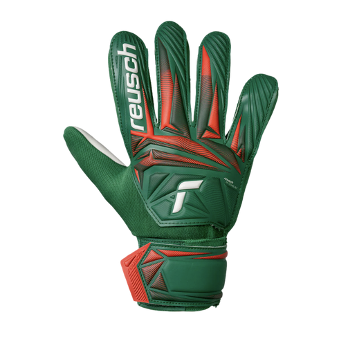 A green and red Reusch goalkeeper glove featured against a solid black background.