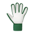 Palm view of a white and green soccer goalkeeper glove against a black background.