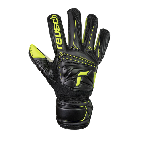 Black and neon yellow Reusch goalkeeper glove featuring finger support and a textured backhand design.