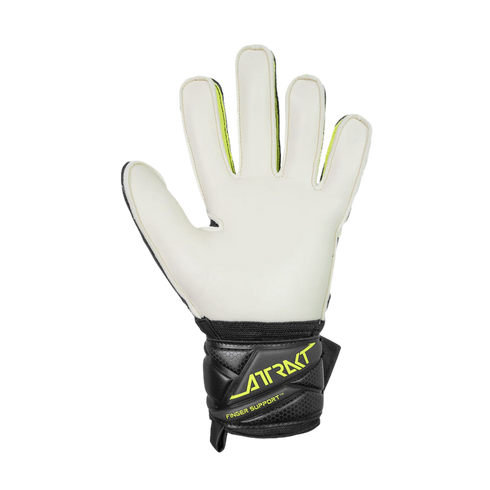 Palm view of a white goalkeeper glove with a black wrist strap featuring neon yellow 'ATTRAKT' and 'FINGER SUPPORT' text, set against a solid black background.