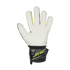 Palm view of a white goalkeeper glove with a black wrist strap featuring neon yellow 'ATTRAKT' and 'FINGER SUPPORT' text, set against a solid black background.