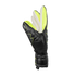 A black and neon yellow goalkeeper glove with textured backhand padding and white finger palms, shown in a side profile against a black background.