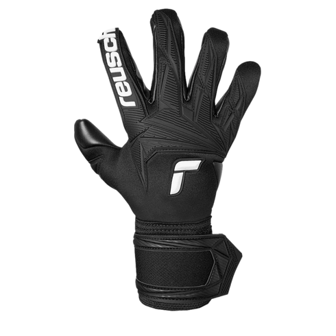 A black Reusch goalkeeper glove with white branding on a black background. Features textured geometric patterns on the backhand and fingers.