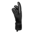 Side view of a black goalkeeper glove with padded fingers and a wrist strap against a black background.