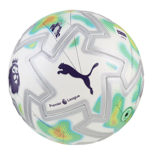 White Puma Premier League soccer ball featuring iridescent blue-green accents, silver star-shaped panel lines, and the league logo.