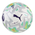 White Puma Premier League soccer ball featuring iridescent blue-green accents, silver star-shaped panel lines, and the league logo.
