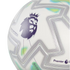 Close-up of a white Puma football featuring the purple Premier League lion logo and geometric patterns in purple and neon green.