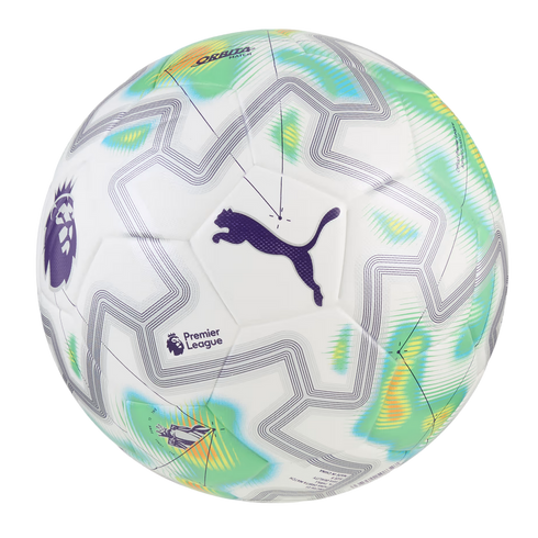 A white Puma Orbita Premier League soccer ball featuring light green, blue, and yellow geometric patterns and dark purple logos.