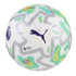 A white Puma Orbita Premier League soccer ball featuring light green, blue, and yellow geometric patterns and dark purple logos.