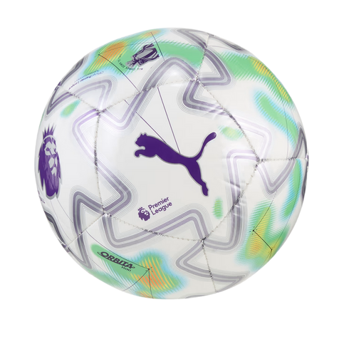 White Puma Orbita Mini Premier League soccer ball featuring purple, green, and yellow graphic patterns against a black background.