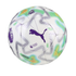 White Puma Orbita Mini Premier League soccer ball featuring purple, green, and yellow graphic patterns against a black background.
