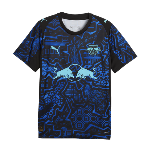 An RB Leipzig football jersey by Puma featuring a complex blue and black geometric pattern with light blue logos for Red Bull, the club crest, and Puma.