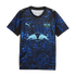 An RB Leipzig football jersey by Puma featuring a complex blue and black geometric pattern with light blue logos for Red Bull, the club crest, and Puma.