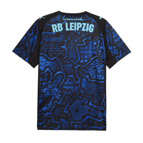 Back view of a black Puma RB Leipzig jersey with vibrant blue geometric patterns. Light blue text reads "YOU CAN DO ANYTHING" above "RB LEIPZIG".