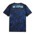 Back view of a black Puma RB Leipzig jersey with vibrant blue geometric patterns. Light blue text reads "YOU CAN DO ANYTHING" above "RB LEIPZIG".