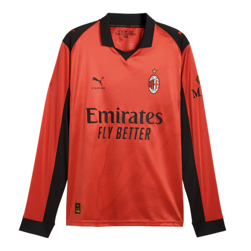 Long-sleeved red and black AC Milan soccer jersey with Puma, Slam Jam, and Emirates Fly Better logos.