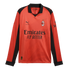 Long-sleeved red and black AC Milan soccer jersey with Puma, Slam Jam, and Emirates Fly Better logos.