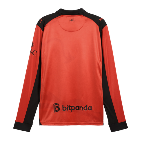Back view of a red and black long-sleeved sports jersey with Bitpanda sponsor at the bottom, Puma shoulder logos, and MSC sleeve branding.