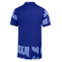Back view of a royal blue polo shirt with light blue abstract patterns on the sleeves and bottom hem, accented by lime green trim on the cuffs.