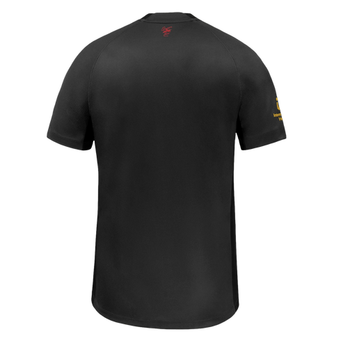 Back view of a black short-sleeved performance shirt with a small red logo at the neck and a yellow logo on the right sleeve.