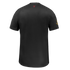Back view of a black short-sleeved performance shirt with a small red logo at the neck and a yellow logo on the right sleeve.