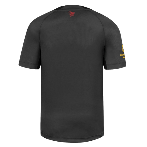 Back of a dark gray athletic jersey with a small red 'Queen Bees' logo on the upper back and a yellow 'Intermountain Health' logo on the right sleeve.