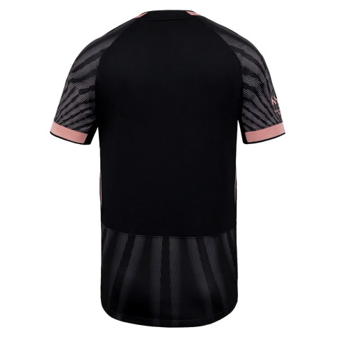 Back view of a black sports jersey with pink accents and grey patterned sleeves and hem.