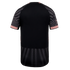 Back view of a black sports jersey with pink accents and grey patterned sleeves and hem.