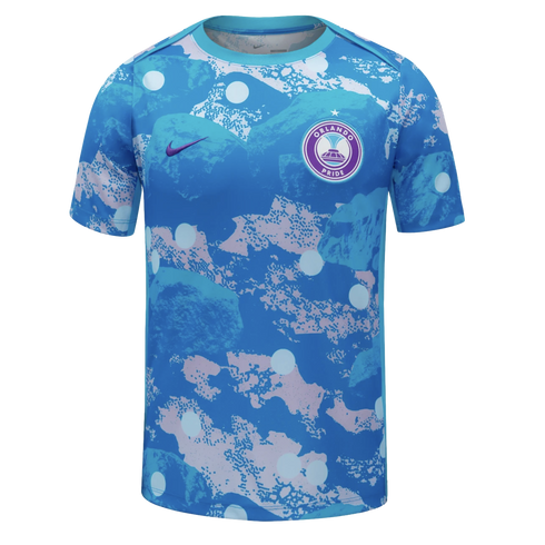 Orlando Pride soccer jersey featuring an abstract blue and purple textured pattern with white circles, a Nike swoosh, and the team crest.