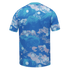 Back of a short-sleeved t-shirt featuring an abstract blue and pink rock camouflage pattern with scattered white polka dots.