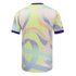 Back view of a short-sleeved jersey with a swirling pastel ribbon pattern in lime, purple, orange, and blue. Dark purple trim at the collar and cuffs.