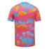 Back view of a vibrant short-sleeved T-shirt with an abstract pattern of pink, blue, orange, and yellow shapes, accented with light blue polka dots.