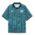 Manchester City Puma King jersey with teal and dark green vertical stripes over a distressed crest graphic. Features a dark green collar and patterned trim on the shoulders and sleeves.