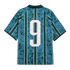 The back of a teal and dark green striped soccer jersey featuring a large white number 9. The jersey has an intricate graphic pattern overlaid across the entire fabric.