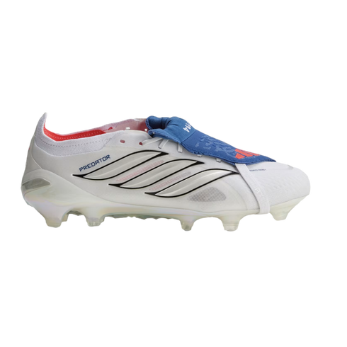 Side profile of a white Adidas Predator soccer cleat with black stripes, a blue fold-over tongue, and red accents against a solid black background.