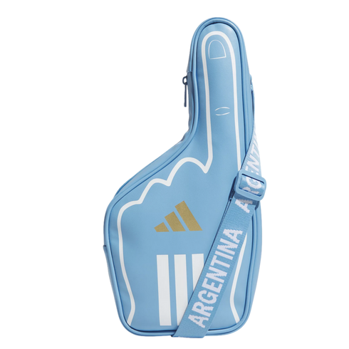 A light blue foam-finger-shaped bag by Adidas with gold logos and a white "ARGENTINA" strap, representing the Argentine national soccer team.