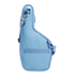 A light blue asymmetrical bag with a matching adjustable shoulder strap, shown against a solid black background.