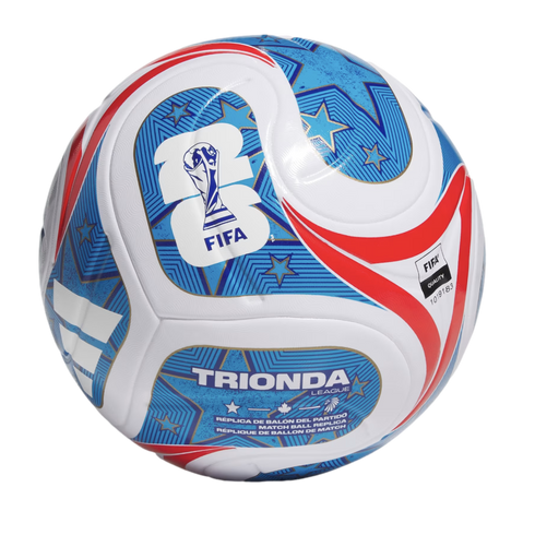 A white soccer ball with blue star patterns, red stripes, and the 2026 FIFA World Cup logo. Text on the ball reads "TRIONDA LEAGUE" and "MATCH BALL REPLICA".