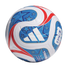 An Adidas soccer ball featuring a white surface with blue star-patterned panels and red swooping accents. The white Adidas logo is displayed prominently in the center.