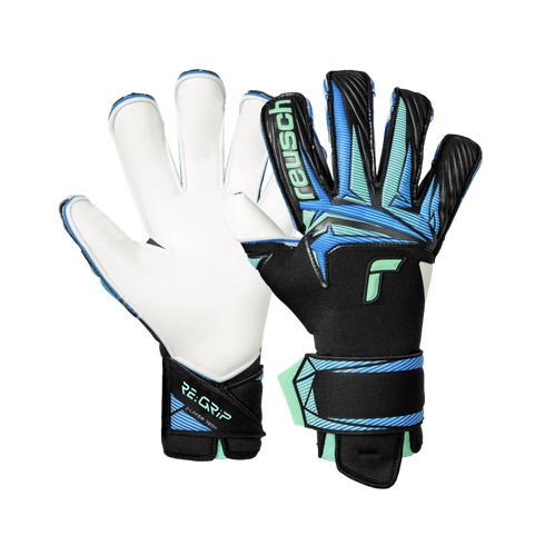 A pair of Reusch goalkeeper gloves. One shows the white palm, and the other shows the black backhand with blue and green geometric patterns.
