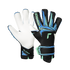 A pair of Reusch goalkeeper gloves. One shows the white palm, and the other shows the black backhand with blue and green geometric patterns.