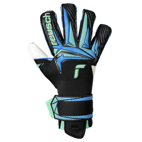 A Reusch goalkeeper glove with a black backhand and blue and lime green accents, including a striped wrist strap.