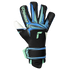 A Reusch goalkeeper glove with a black backhand and blue and lime green accents, including a striped wrist strap.
