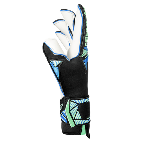 Side view of a Reusch goalkeeper glove in black, white, and blue with lime green accents. It features striped patterns on the thumb and wrist strap.