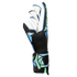 Side view of a Reusch goalkeeper glove in black, white, and blue with lime green accents. It features striped patterns on the thumb and wrist strap.