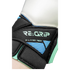 Close-up of a goalkeeper glove's black wrist strap with "RE:GRIP" and "2-LAYER TECH" printed in light green above a blue striped graphic.