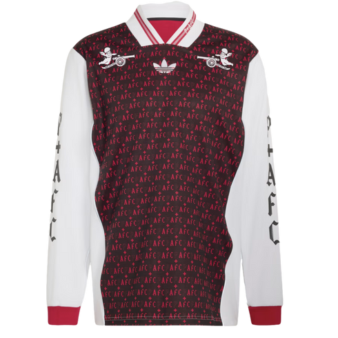 Long-sleeve maroon and white jersey with a repeating 'AFC' pattern and cherub cannon logos on the chest. Gothic 'AFC' lettering lines the white sleeves.