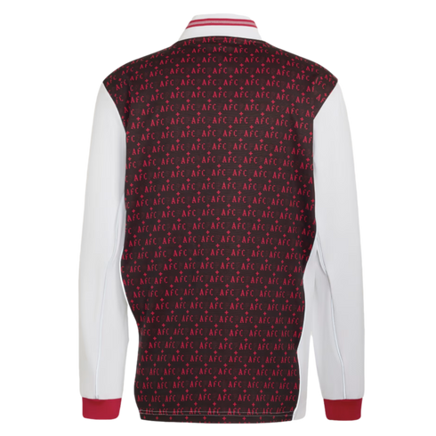 Back view of a sports top with a dark, red-patterned body featuring "AFC" text, white long sleeves, red cuffs, and a red-and-white striped collar.