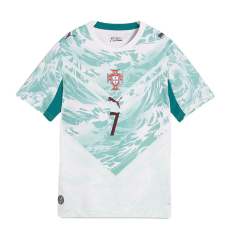 White Portugal national team jersey with a teal wave pattern, featuring the national crest, Puma logo, and the number 7 in the center.