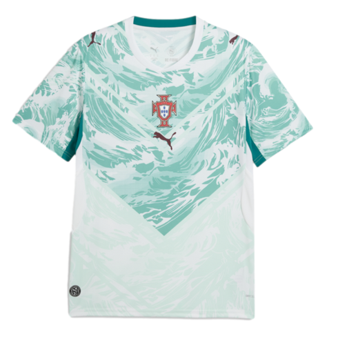 Short-sleeved white and teal Portugal soccer jersey featuring a wavy pattern, a red team crest on the center chest, and maroon Puma logos.